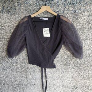 Zara Wrap Top Womens Small Black Puff Sheer Mesh Sleeve Tie V Neck Elegant New